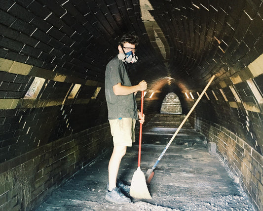 Kyle in the wood kiln.