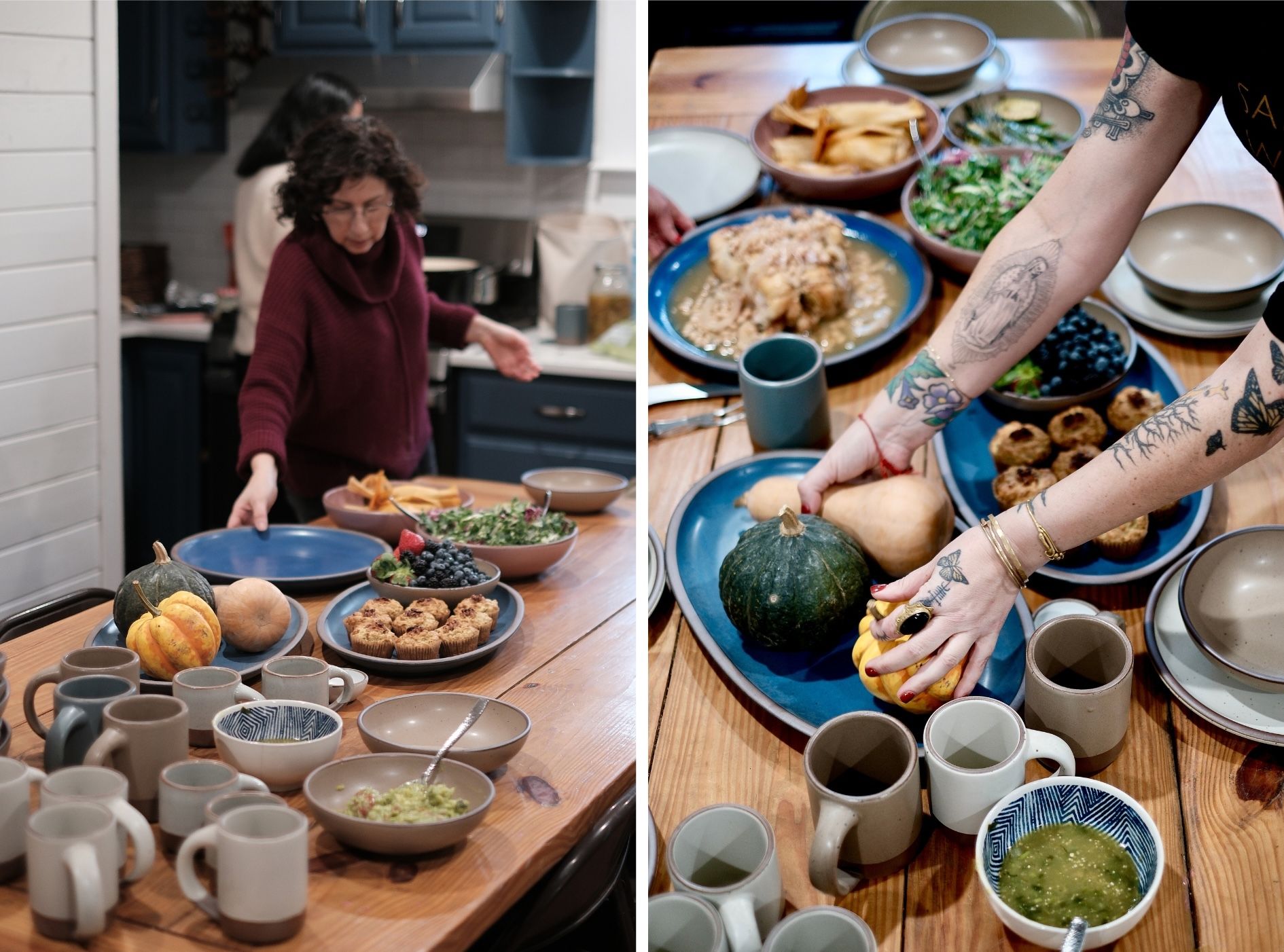 Two images side-by-side of people placing food on pottery on a kitchen island