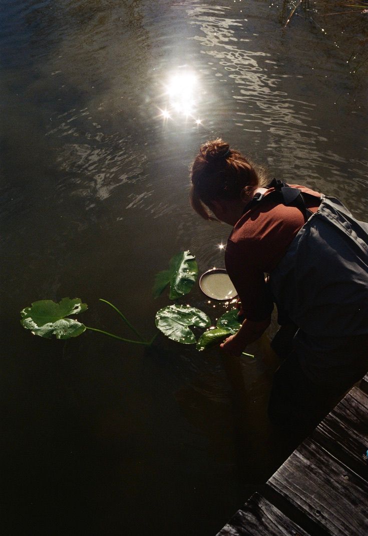 A woman standing in a pond next to lily pads