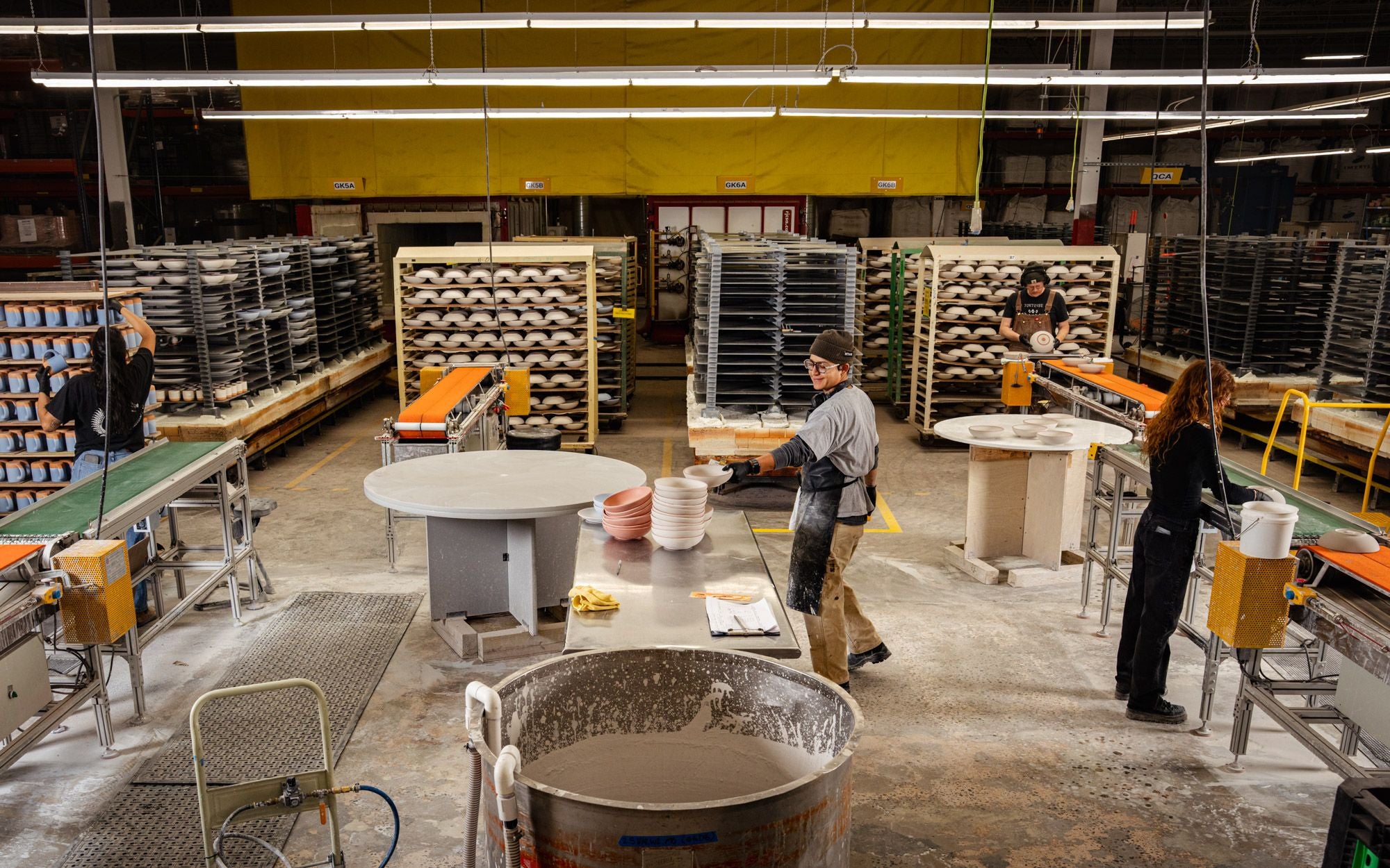 An overhead shot of the glazing section of the East Fork factory