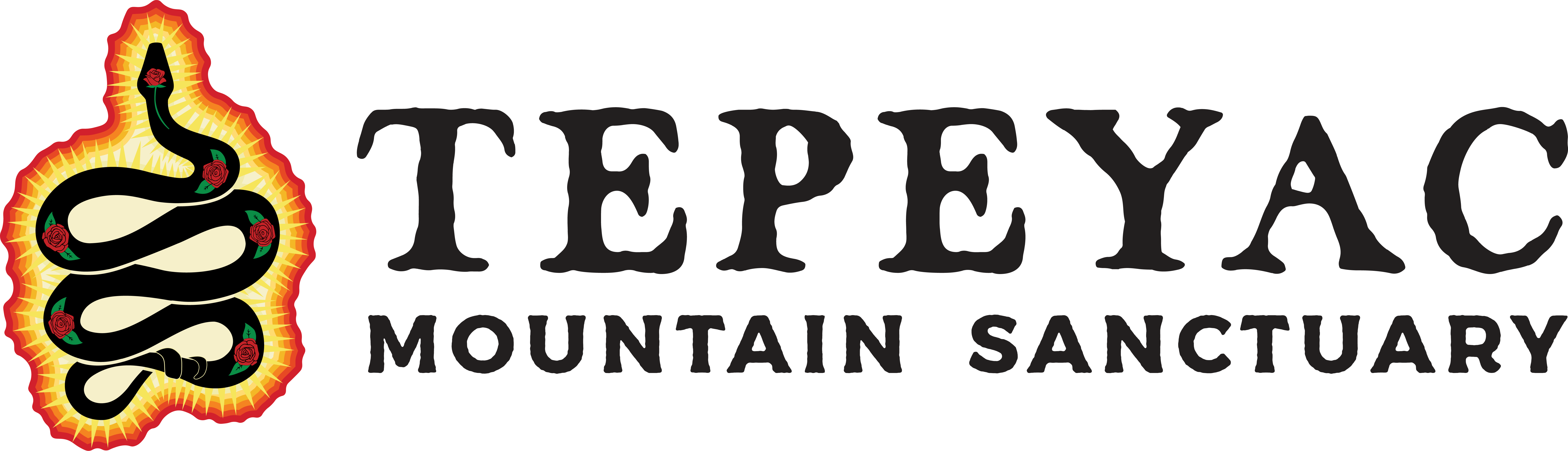 A logo of a black snake surrounded by a yellow and red outline next to the words 'Tepeyac Mountain Sanctuary'